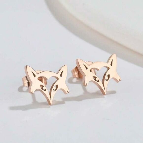 Rose Gold Fox Mini Cute Animal Head Stainless Steel  Stud Earrings - Picture 2 of 9